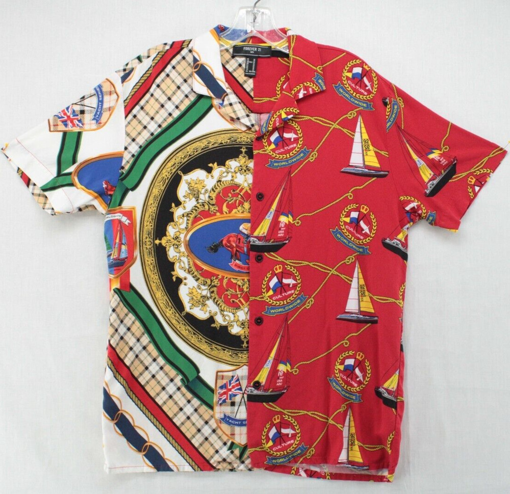 Forever 21 Shirt Mens Medium Nautical Anchors Horses Ropes Flags Short Sleeve